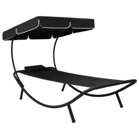 Garden lounger with awning and black cushion by vidaXL, Loungers - Ref: Foro24-313533, Price: 93,99 €, Discount: %