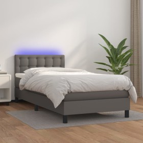 Box spring bed with mattress and LED gray synthetic leather 100x200 cm by vidaXL, Beds and slatted bases - Ref: Foro24-313421...