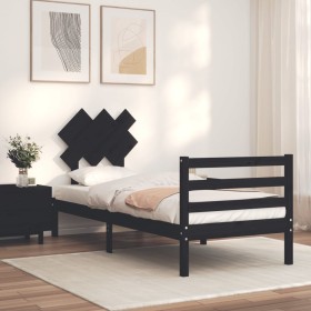 Single bed frame with black solid wood headboard by vidaXL, Beds and slatted bases - Ref: Foro24-3195250, Price: 96,99 €, Dis...