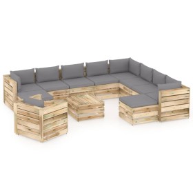 Garden furniture 12 pieces with green impregnated wood cushions by vidaXL, Garden sets - Ref: Foro24-3074892, Price: 1,00 €, ...