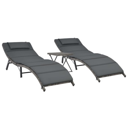 Set de muebles de jardín plegables 3 pzas ratán sintético gris de vidaXL, Tumbonas - Ref: Foro24-44815, Precio: 223,18 €, Des...