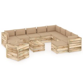 Gartenmöbel 12-teilig mit grün imprägnierten Holzkissen von vidaXL, Gartensets - Ref: Foro24-3074894, Preis: 1,00 €, Rabatt: %