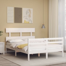 Double bed frame with white solid wood headboard by vidaXL, Beds and slatted bases - Ref: Foro24-3195062, Price: 123,99 €, Di...