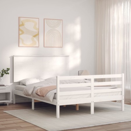 Double bed frame with white solid wood headboard by vidaXL, Beds and slatted bases - Ref: Foro24-3195192, Price: 150,52 €, Di...