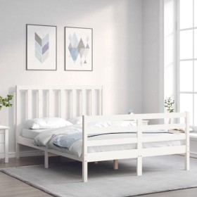 Double bed frame with white solid wood headboard by vidaXL, Beds and slatted bases - Ref: Foro24-3193762, Price: 129,99 €, Di...