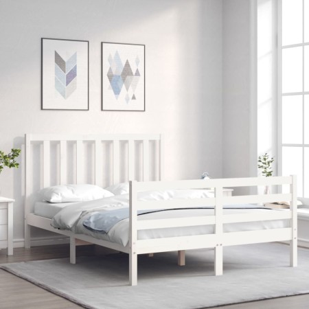 Double bed frame with white solid wood headboard by vidaXL, Beds and slatted bases - Ref: Foro24-3193762, Price: 138,50 €, Di...