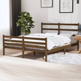 Brown pine wood double bed frame 135x190 cm by vidaXL, Beds and slatted bases - Ref: Foro24-3103691, Price: 174,99 €, Discoun...