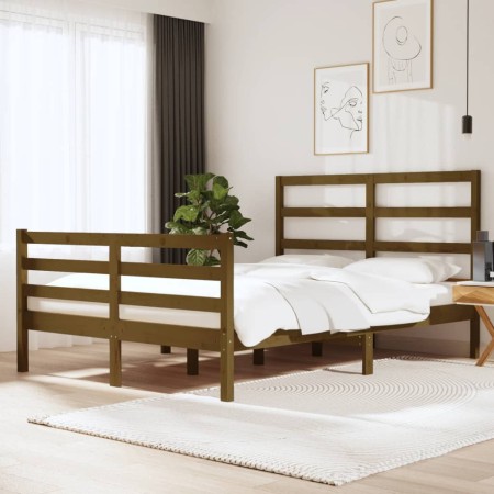 Brown pine wood double bed frame 135x190 cm by vidaXL, Beds and slatted bases - Ref: Foro24-3104984, Price: 172,35 €, Discoun...