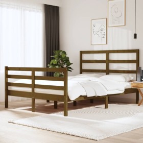 Brown pine wood double bed frame 135x190 cm by vidaXL, Beds and slatted bases - Ref: Foro24-3104984, Price: 172,99 €, Discoun...