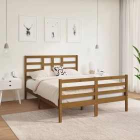 Honey brown solid wood double bed frame 135x190 cm by vidaXL, Beds and slatted bases - Ref: Foro24-3105838, Price: 179,99 €, ...