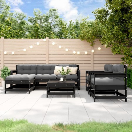 7-teiliges Gartenmöbel-Set und Massivholzkissen schwarz von vidaXL, Gartensets - Ref: Foro24-3185826, Preis: 646,85 €, Rabatt: %