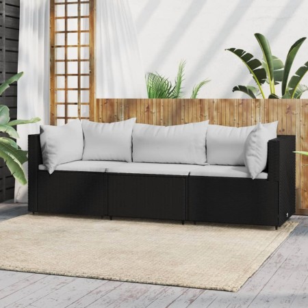 Set de muebles de jardín 3 pzas y cojines ratán sintético negro de vidaXL, Sofás de exterior - Ref: Foro24-319734, Precio: 28...