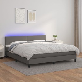 Box spring bed with mattress and LED gray synthetic leather 160x200 cm by vidaXL, Beds and slatted bases - Ref: Foro24-313411...