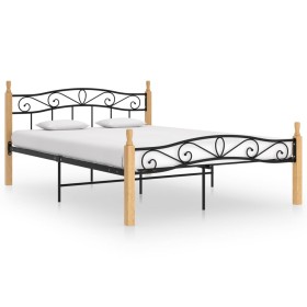 Solid oak wood bed frame black metal 160x200 cm by vidaXL, Beds and slatted bases - Ref: Foro24-324915, Price: 172,99 €, Disc...