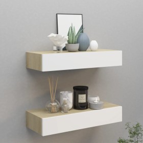 Wall shelves with drawer 2 units MDF oak/white 60x23.5x10cm by vidaXL, Shelves and shelves - Ref: Foro24-330264, Price: 79,40...