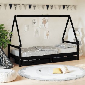 Children's bed frame with black pine wood drawers 90x200cm by vidaXL, Cribs and beds for children - Ref: Foro24-834470, Price...