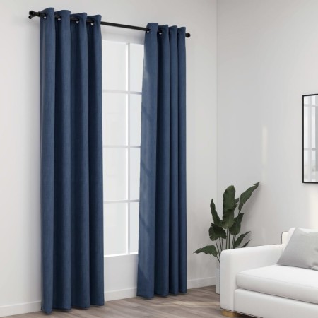 Cortinas opacas con ojales look de lino 2 pzas azul 140x225 cm de vidaXL, Cortinas y visillos - Ref: Foro24-321177, Precio: 3...