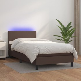 Box spring bed with mattress and LED brown synthetic leather 100x200 cm by vidaXL, Beds and slatted bases - Ref: Foro24-31340...