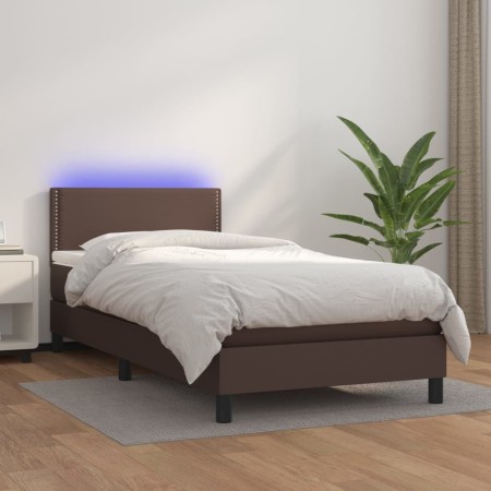 Cama box spring colchón y LED cuero sintético marrón 100x200 cm de vidaXL, Camas y somieres - Ref: Foro24-3134150, Precio: 35...