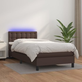 Box spring bed with mattress and LED brown synthetic leather 100x200 cm by vidaXL, Beds and slatted bases - Ref: Foro24-31342...