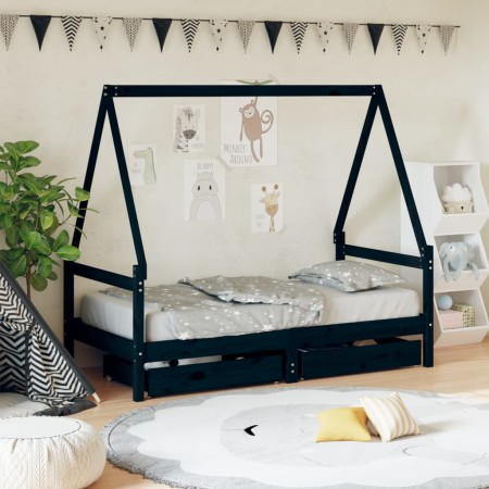 Estructura cama infantil y cajones madera pino negro 80x160 cm de vidaXL, Cunas y camas para niños - Ref: Foro24-834476, Prec...