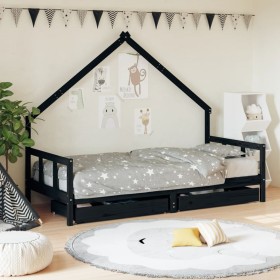 Children's bed frame with drawers made of black pine wood 90x190 cm by vidaXL, Cribs and beds for children - Ref: Foro24-8345...