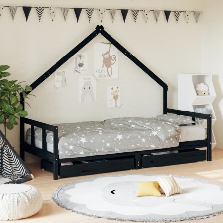 Estructura de cama niños con cajones madera pino negro 90x200cm de vidaXL, Cunas y camas para niños - Ref: Foro24-834554, Pre...