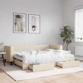 Trundle sofa bed with drawers cream fabric 80x200 cm by vidaXL, Beds and slatted bases - Ref: Foro24-3196613, Price: 316,99 €...