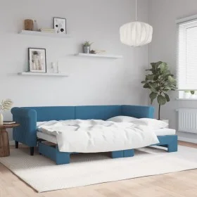 Blue velvet trundle sofa bed 80x200 cm by vidaXL, Beds and slatted bases - Ref: Foro24-3197763, Price: 244,73 €, Discount: %