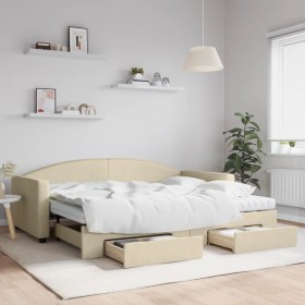 Trundle sofa bed with drawers cream fabric 90x200 cm by vidaXL, Beds and slatted bases - Ref: Foro24-3197246, Price: 465,11 €...