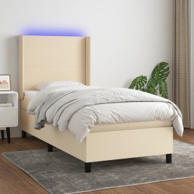 Box spring bed mattress and LED lights cream fabric 90x190 cm by vidaXL, Beds and slatted bases - Ref: Foro24-3138122, Price:...