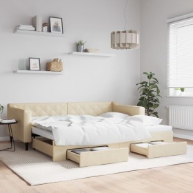 Trundle sofa bed with drawers cream fabric 90x200 cm by vidaXL, Beds and slatted bases - Ref: Foro24-3197466, Price: 323,65 €...