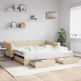 Trundle sofa bed with drawers cream fabric 100x200 cm by vidaXL, Beds and slatted bases - Ref: Foro24-3197471, Price: 367,99 ...