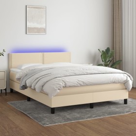 Box spring bed mattress and LED lights cream fabric 140x190 cm by vidaXL, Beds and slatted bases - Ref: Foro24-3133074, Price...