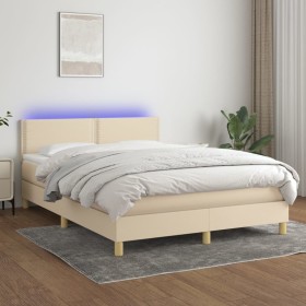 Box spring bed mattress and LED lights cream fabric 140x190 cm by vidaXL, Beds and slatted bases - Ref: Foro24-3133634, Price...