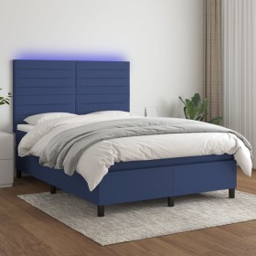 Box spring bed mattress and LED lights blue fabric 140x190 cm by vidaXL, Beds and slatted bases - Ref: Foro24-3134955, Price:...