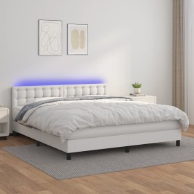 Box spring bed with mattress and LED white synthetic leather 160x200 cm by vidaXL, Beds and slatted bases - Ref: Foro24-31342...