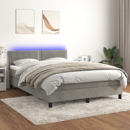 Box spring bed with mattress and LED light gray velvet 140x190 cm by vidaXL, Beds and slatted bases - Ref: Foro24-3134339, Pr...