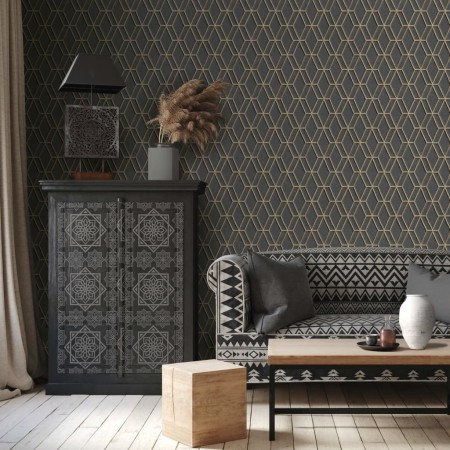 DUTCH WALLCOVERINGS Sechseckige Tapete in Schwarz und Gold von DUTCH WALLCOVERINGS, Bemaltes Papier - Ref: Foro24-437405, Pre...