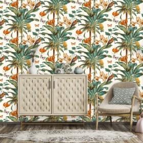 DUTCH WALLCOVERINGS Green and orange tropical palm trees wallpaper by DUTCH WALLCOVERINGS, Painted paper - Ref: Foro24-437430...