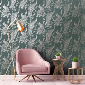 DUTCH WALLCOVERINGS Green and silver peacock wallpaper by DUTCH WALLCOVERINGS, Painted paper - Ref: Foro24-437418, Price: 30,...