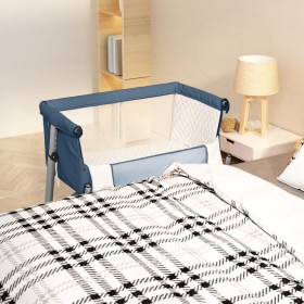 Crib with mattress in navy blue linen fabric by vidaXL, Cribs and beds for children - Ref: Foro24-10298, Price: 93,99 €, Disc...