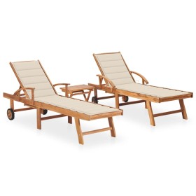 Sun loungers with table and cushion 2 units solid teak wood by vidaXL, Loungers - Ref: Foro24-3073173, Price: 612,34 €, Disco...