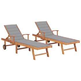 Sonnenliegen 2 Einheiten aus massivem Teakholz mit grauem Kissen von vidaXL, Liegen - Ref: Foro24-3073187, Preis: 591,74 €, R...