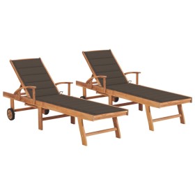 2 teak solid wood sun loungers with taupe gray cushions by vidaXL, Loungers - Ref: Foro24-3073194, Price: 593,49 €, Discount: %