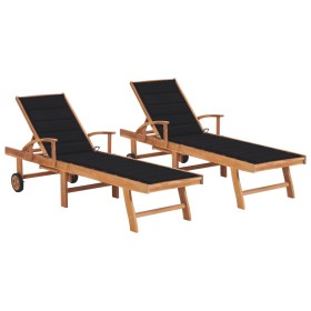 Sonnenliegen 2 Einheiten aus massivem Teakholz mit schwarzem Kissen von vidaXL, Liegen - Ref: Foro24-3073193, Preis: 591,74 €...