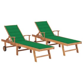 Sun loungers 2 units solid teak wood with green cushion by vidaXL, Loungers - Ref: Foro24-3073191, Price: 592,59 €, Discount: %