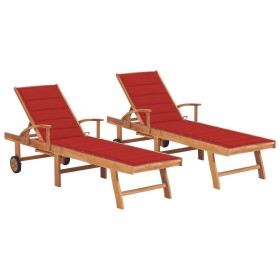 Tumbonas 2 uds madera maciza de teca con cojín rojo de vidaXL, Tumbonas - Ref: Foro24-3073192, Precio: 593,49 €, Descuento: %