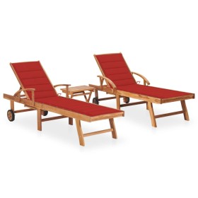 2 teak solid wood sun loungers with table and cushion by vidaXL, Loungers - Ref: Foro24-3073177, Price: 612,34 €, Discount: %