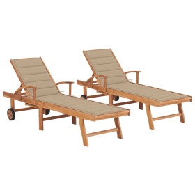 2 teak solid wood sun loungers with cream cushion by vidaXL, Loungers - Ref: Foro24-3073189, Price: 593,93 €, Discount: %